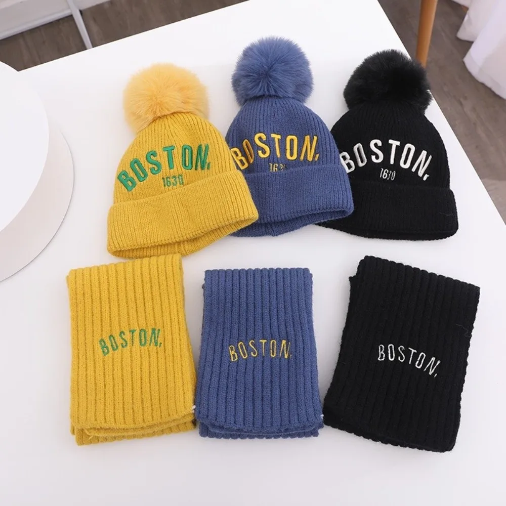 New BOSTON Embroidery Scarf Hat Set Windproof Warm Neck Warmer Coldproof Ear Protection Hat Autumn and Winter