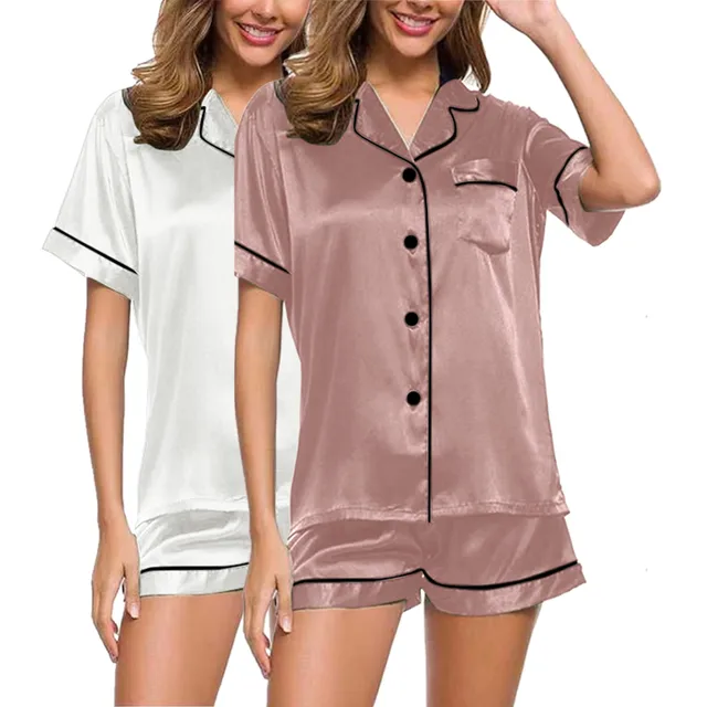 Womens Silk Satin Pajamas Set Short Sleeve Two-Piece Pj Sets Sleepwear Loungewear Button-Down Plus Size 2024 Hot Selling Wear 3