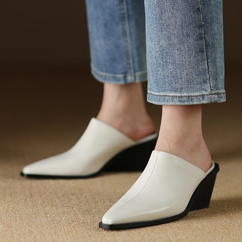 

Women Mules Pointed Toe Thick Heels Real Leather Cowhide Pumps European Mullers Women Slip On Outwear Wedge Slippers Size 42
