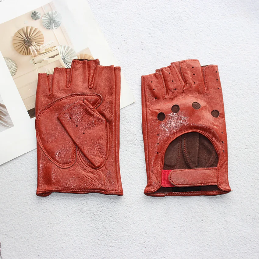 Leather Half Finger Gloves Women's Short Thin Section Unlined Spring and Autumn Motorcycle Riding Ladies Driving Fingerless