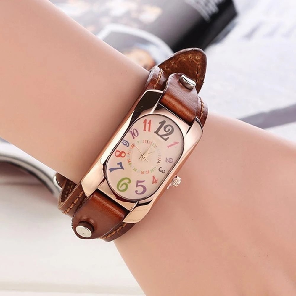 

Vintage Leather Men's Watch Women Fashion Simple Casual Faux Color Digital Watch Strap Oblong Case Quartz Wrist Watch for Women