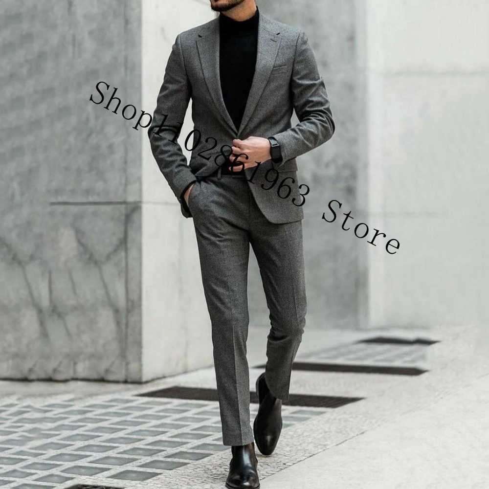 Grey 2 Pieces Men Suits Slim Fit Notched Lapel Formal Business Male Tuxedos For Wedding Groom Wear Blazer Pants Costume Homme