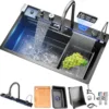 304 Stainless Steel Kitchen Sink Double Waterfall Single Slot Integrated Digital Display Faucet Set Soap dispenser Cup Washer 1