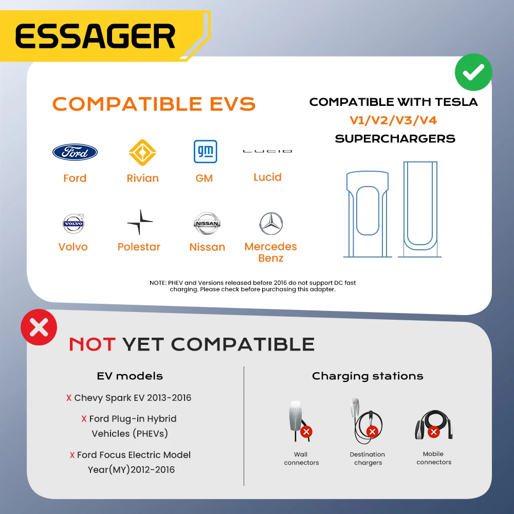Essager NACS to CCS1 Adapter Fit for Volvo Ford Auto Locking System for Tesla Supercharger Adapter fit for Tesla V1/V2/V3/V4 DC