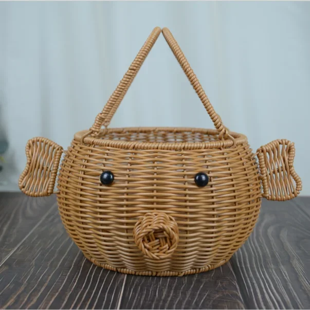 

Home Woven Vine Hanging Sorting Fruit Flower Basket Handheld Storage Picnic Baskets Cute Rabbit Pig Storage Organizer Basket