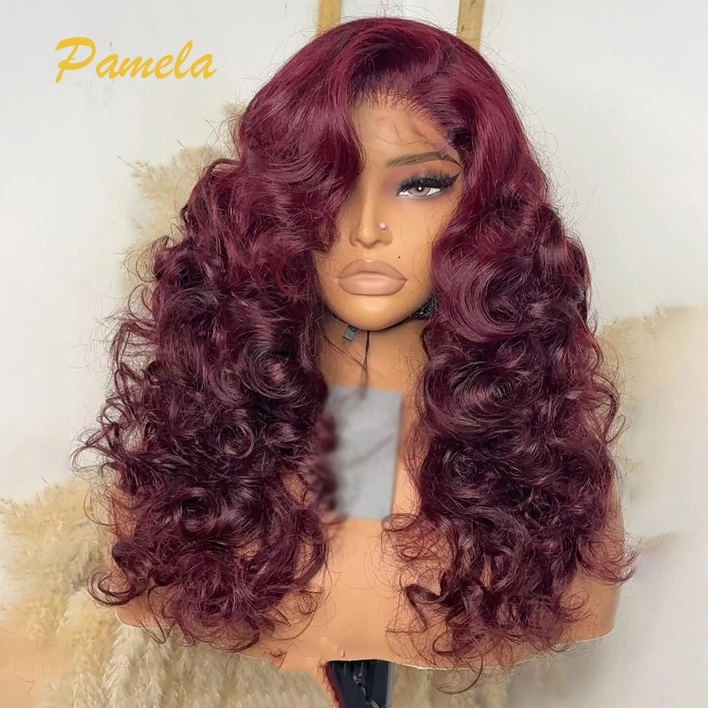 30inch Burgundy Blonde Loose Wave Lace Front Wig 250% Density 99J Color 13x4 HD Transparent Lace Front Human Hair Wig For Women