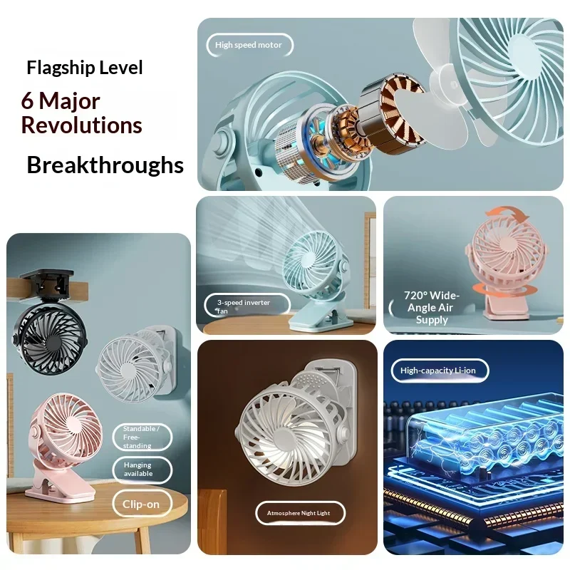 Compact USB Rechargeable Clip-On Fan with Adjustable Speeds and 720° Rotation