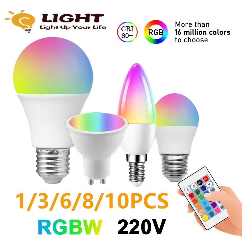 

1-10PCS remote control LED Bulb dimming spotlight RGBW GU10 A60 G45 C37 AC220V 6W 10W 24 key remote control color light 6500K