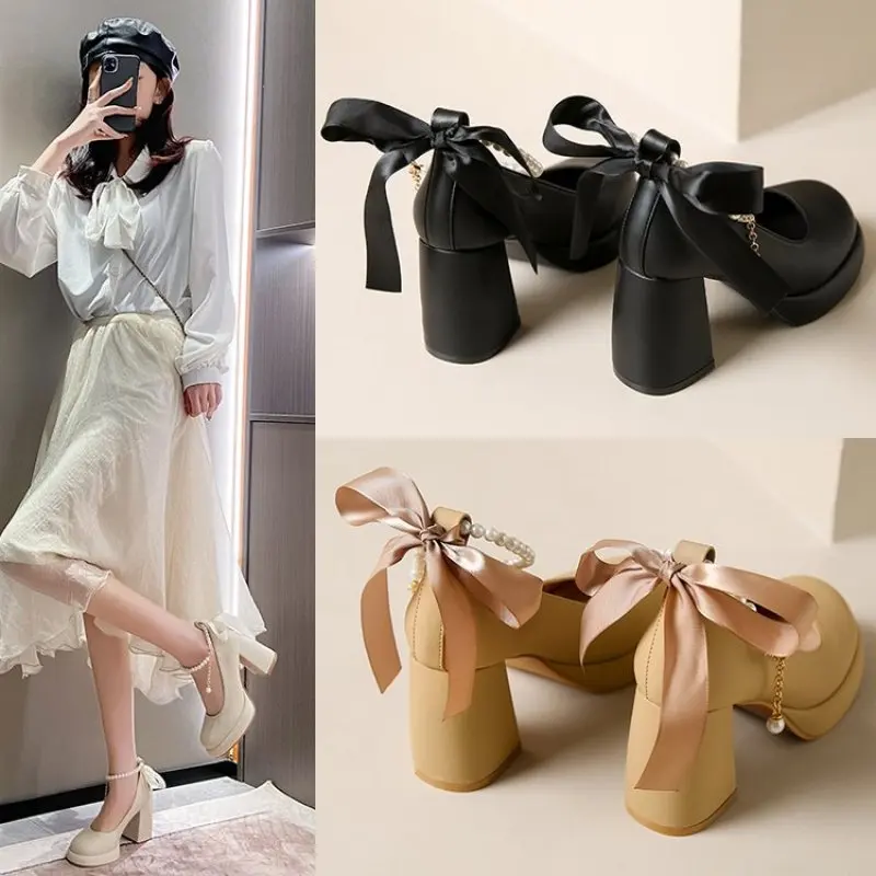 

New Pearl Ankle Strap Platform Women's High Heel Shoes Women's Bow Dress Shoes Women's Fashion Casual Comfort Simple Plus Siz 43