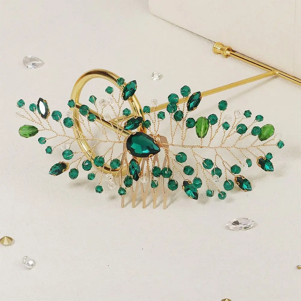 Braut Haarnadeln Diademe Strass grünes Haar Kämme für Frauen Mode Perlen Goldblatt Seiten nadeln Braut Hochzeit Heapdiece Schmuck – Detail 12