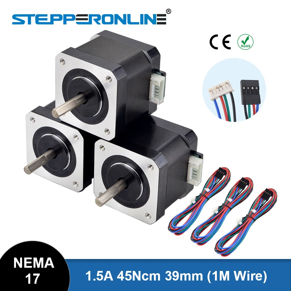 

Шаговый двигатель Nema 17 STEPPERONLINE 3 шт., шаговый двигатель 45 нм 39 мм 1,5 А Nema17, шаговый 42 двигатель 4 питающих провода для ЧПУ, для 3D-принтера «сделай сам»