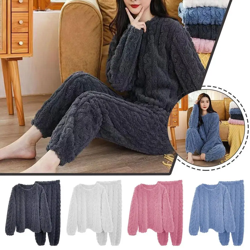 

Autumn Winter Warm Flannel Women Pyjamas Sets Thick Coral Velvet Long Sleeve Solid Sleepwear Flannel Pajamas Homewear