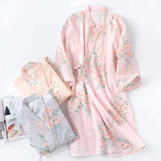 Half Sleeve Cotton Kimono Bathrobe Women's Nightgown Spring and Summer Floral Printed Lace Up Sweatshirt Night Gown