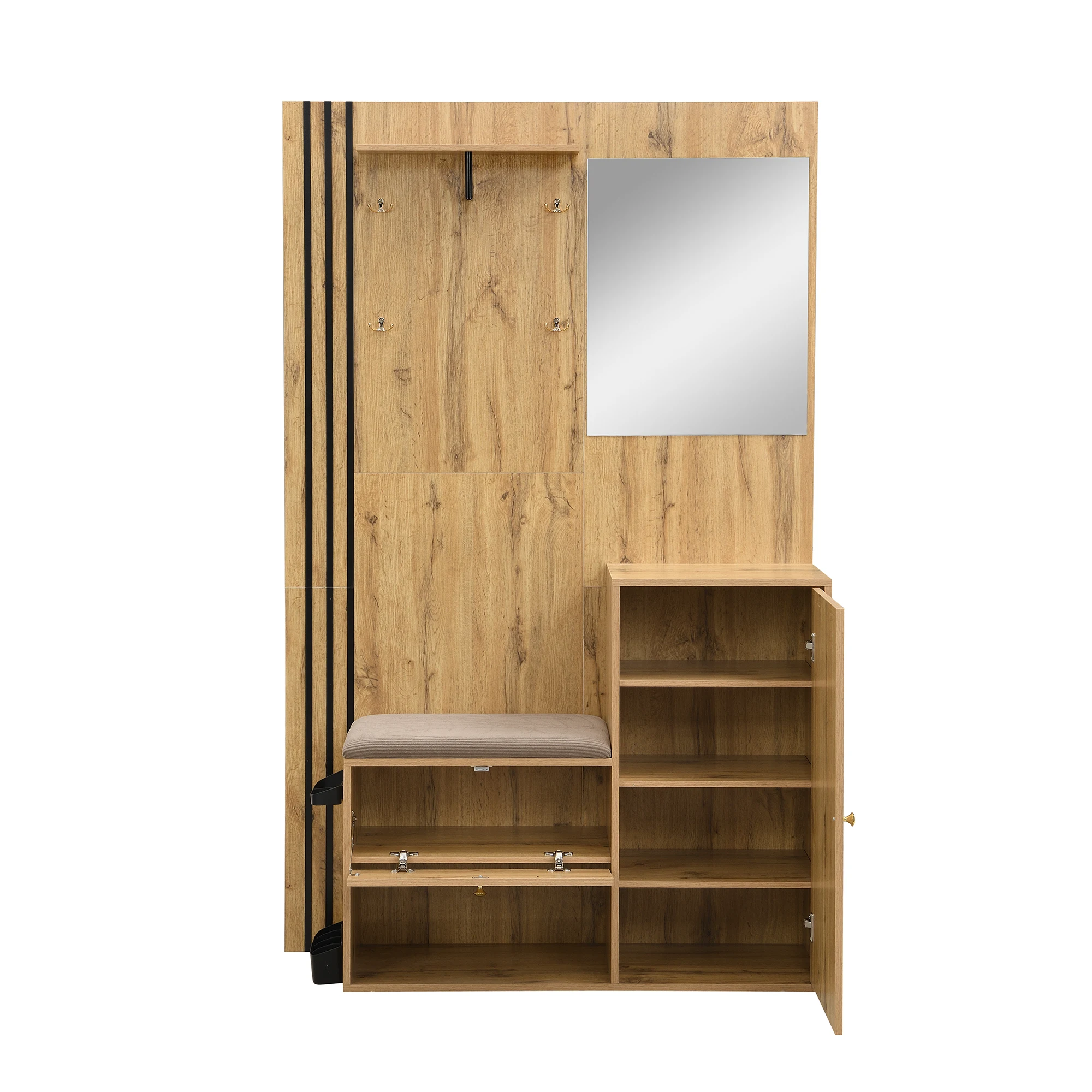 Kompaktes Garderobenset mit Spiegel, Kissen, schwarzem Zierstreifen, Regenschirmhalter und Schuhschrank (B x H x T: 115 x 185 x 37). – Detail 19