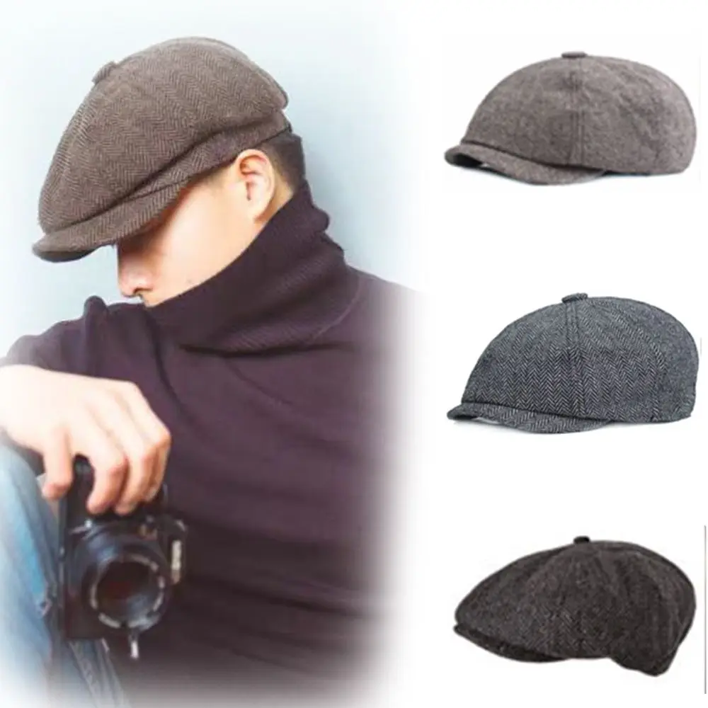 

Simple Wool Blend Painter Hat Herringbone Male Visors Newsboy Hat Flat Cap Bakerboy Hat