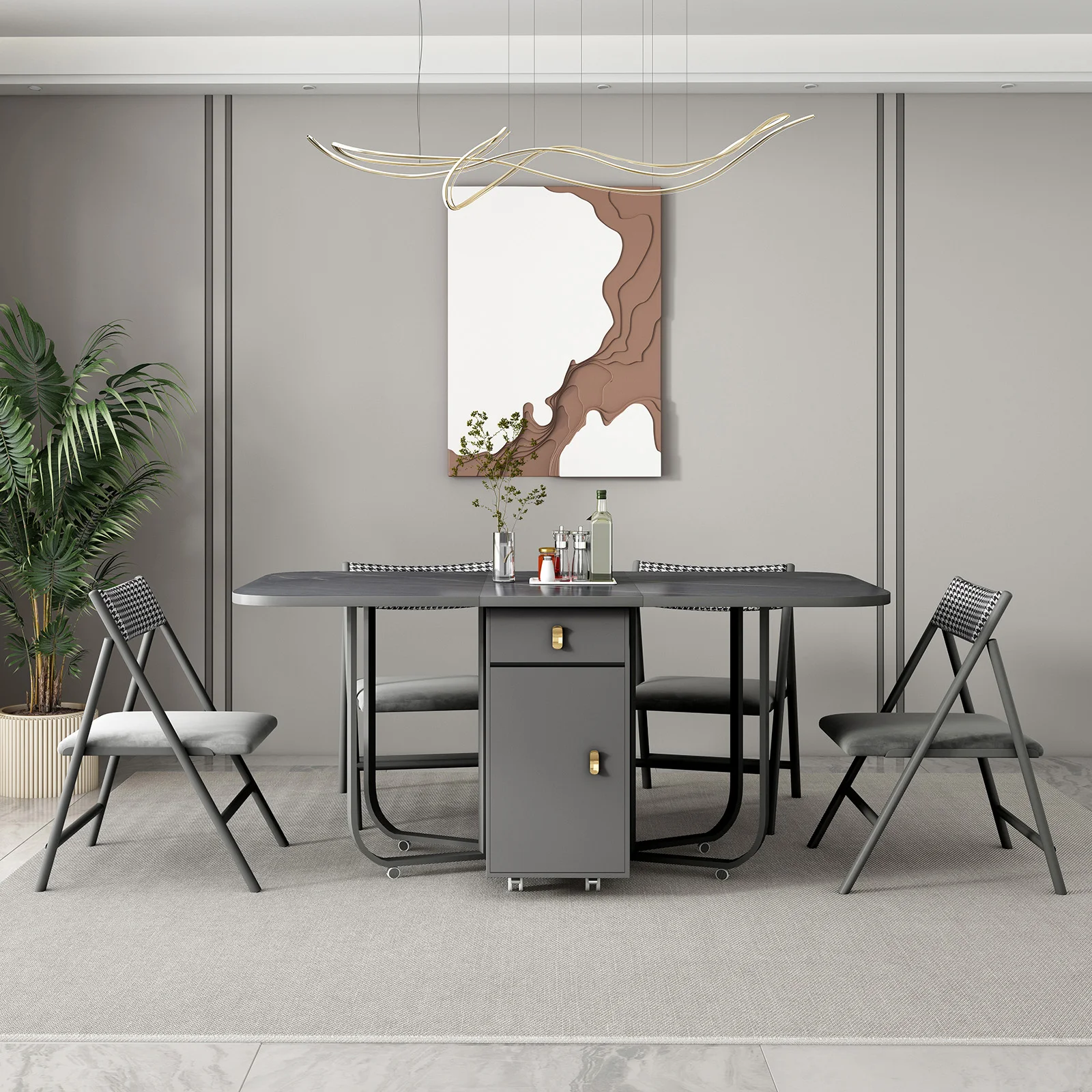 Dining Table Chair Combination Fashion Folding Dining Table Furniture Multifunctional Rectangle Movable Dining Table and Folding Chairs