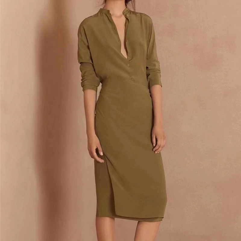 

2023 Spring and Summer New Women Olive Green Shirt Wrap Tie Tie Splicing Silk Dress Mid-Calf