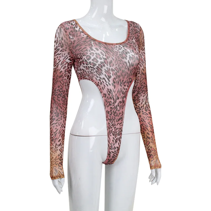 BKLD Clothes For Women Mesh Perspective Sexy Leopard Print One Pieces Long Sleeve High Waist Y2k Streetwear Top Female Bodysuits