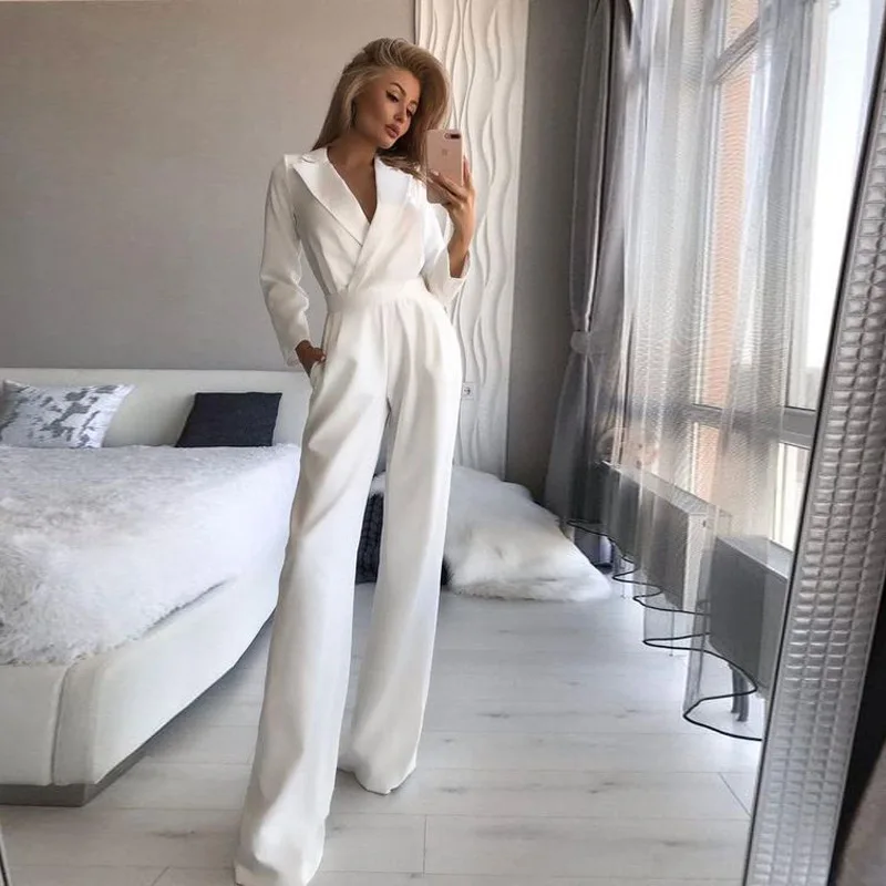 Women Elegant Jumpsuit Sexy Deep V-neck High Waist Solid Bodycon Fashion Female Wide Leg Pants Party Work Bodysuits