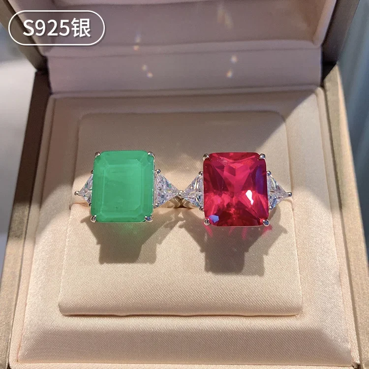 

S925 Silver Imitation Red Treasure Jade Temperament Women's Ring Rectangle Main Stone 12 * 14 Jewelry Wedding Ring