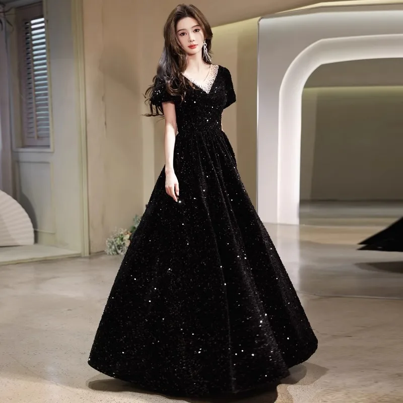 

Women's New Black Sequin Evening Dress Light Luxury Birthday Banquet Style Host Evening Party Annual Meeting V-Neck Dresses