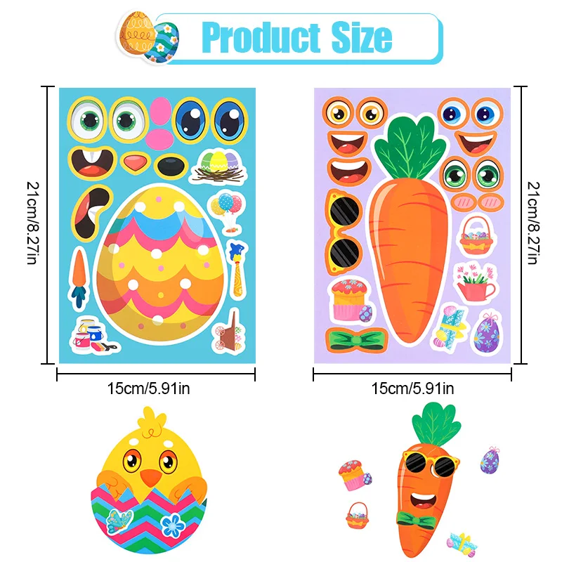 8/16Sheets Easter Puzzle Stickers Cute Rabbit Eggs Make a Face DIY Assemble Decals Jigsaw Toys 2025 Easter Party Kids Gift Game