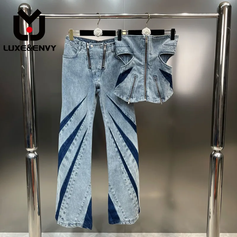 

LUXE&ENVY 2023 Summer New Zipper Hollow Out Slim Denim Tank Tops + Contrasting Colors High Waist Jeans Street