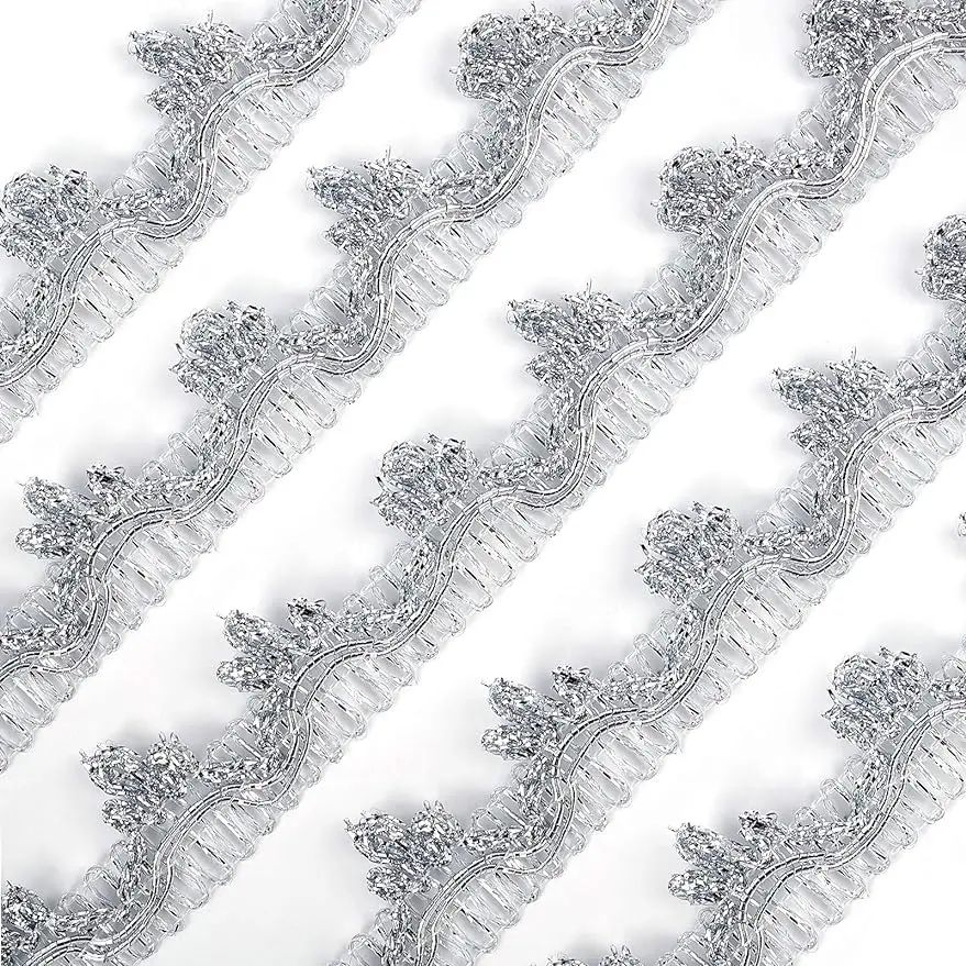 

15 Yards Metallic Lace Trim Silver Craft Lace Ribbon Decorated Gimp Trim 3/4"(18mm) x1mm for Wedding Bridal, Costume or Jewelry