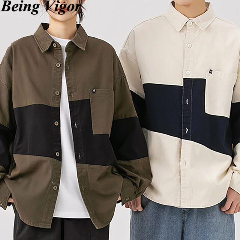 

Being Vigor Patchwork Cotton Mens Shirt Unisex Blouse Garment Washed Autumn Spring Shirt Jacket camisa masculina 셔츠 & 블라우스