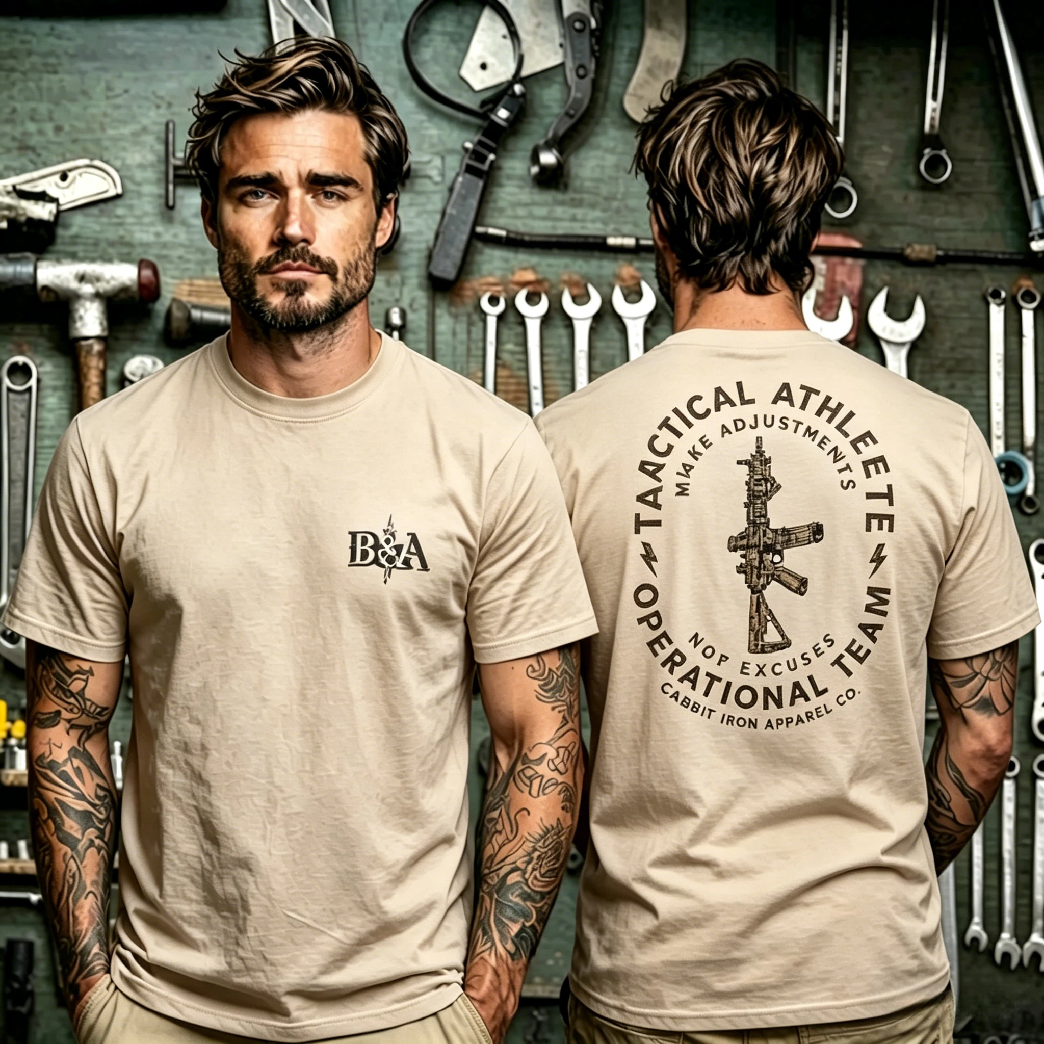 Doppelseitiges taktisches T-Shirt aus Baumwolle mit Grafik und minimalistischem Logo, Militär-Print, lässiges Streetwear-Oberteil