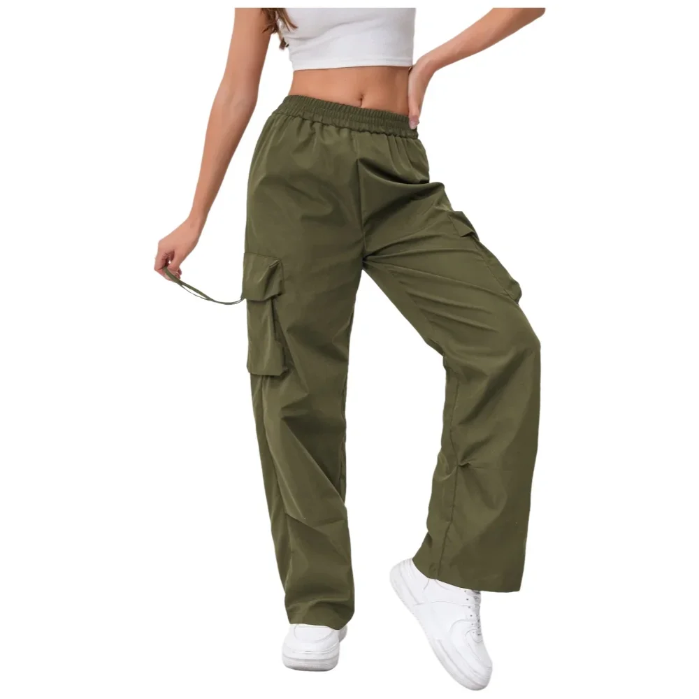 Pantalones Cargo Mujer Cintura Alta - Tela Holgada, Verano, Transpirable, Elásticos, Color Sólido