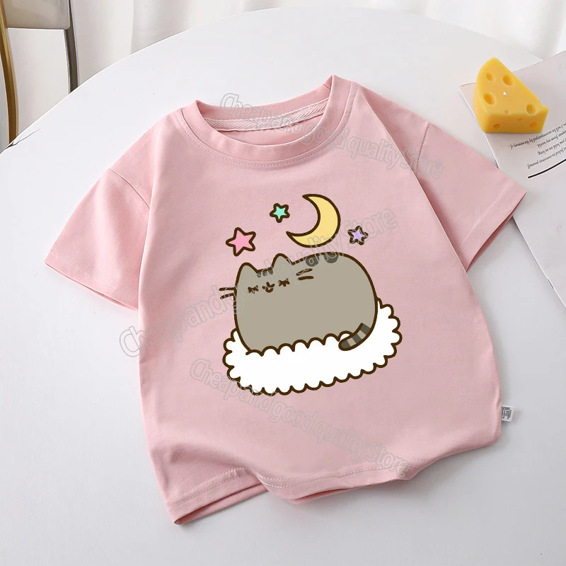 thumbnail image 1 of Pusheens-Camiseta de verano para niña, ropa para niño, Tops de manga corta de dibujos animados, camisetas suaves para bebé, camiseta Kawaii, ropa para niños, regalo, 1 of 5