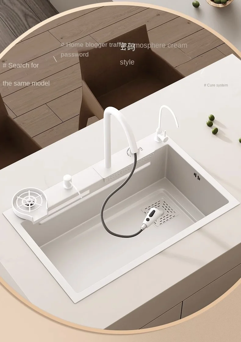 Description Picture 3 of itemWhite Stainless Steel Waterfall Kitchen Sink Multifuctional Faucets Simple Style Large Single Slot Kitchen Novel Accessories