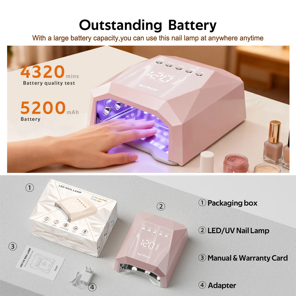 120W 충전식 네일 램프 (45개 대형 UV LED 비드, 미러 베이스, 젤 폴리쉬 빠른 경화, 풋 LED 램프 기능 포함)