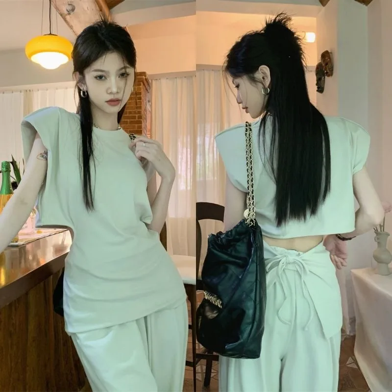 

Korean Sleeveless Set Women Temperament Open Back Solid Top Lace Up Wide Leg Pants Fashion Spicy Elastic Summer Two Piece Set