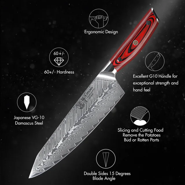 F.YOUNG 8.2 "Coltelli da chef professionali Coltello da cucina in acciaio di Damasco Carne affilata Verdura Mannaia per carne in stile giapponese Coltello Gyuto 5