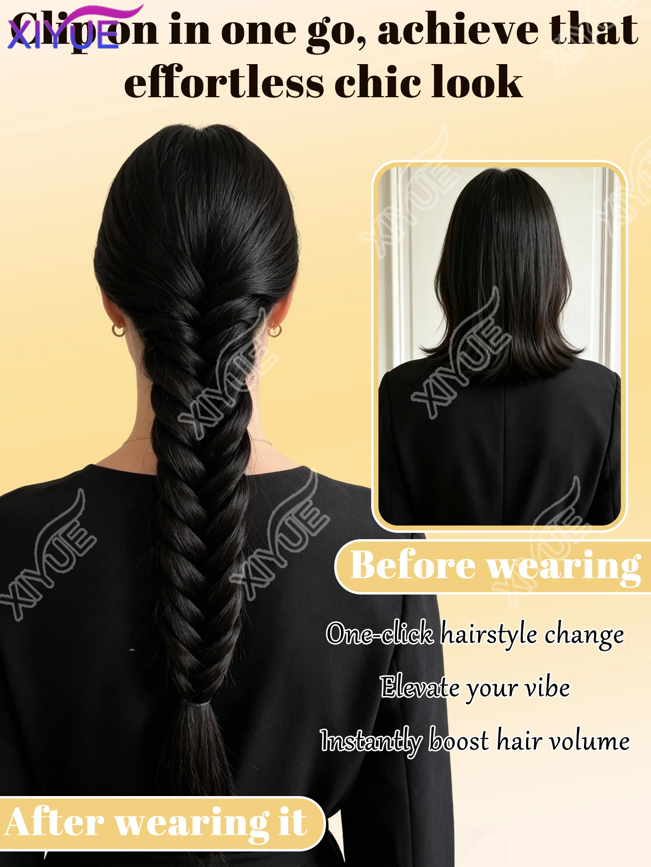XIYUE 브라운 블랙 40cm 피쉬본 브레이드 포니테일 익스텐션 합성 가발 일상 및 코스프레용 클립온 드로스트링 포니테일