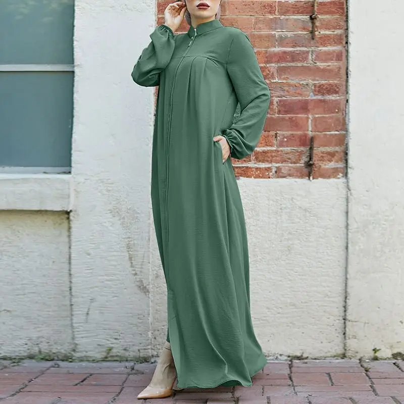 2024 New Muslim Women's Wear Middle East Arabic Style Stand Collar Zipper Cardigan Pocket Loose Temperament Dress abaya femme