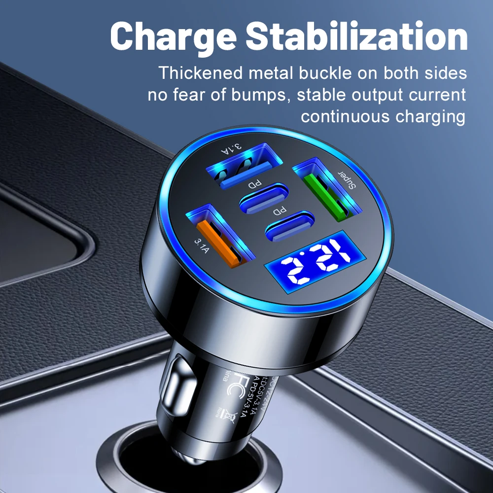 100W 5 Ports Car Charger Fast Charging PD QC3.0 USB C Car Phone Charger Type C Adapter in Car For iPhone Samsung Huawei Xiaomi