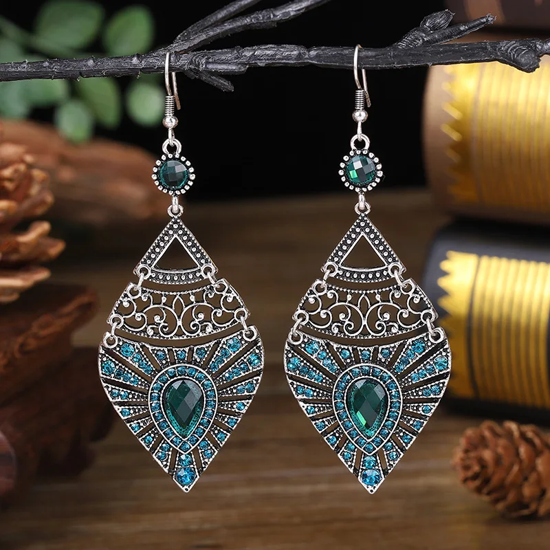Bohemian Ethnic Long Blue Acrylic Crystal Water Drop Earrings for Women Retro Temperament Geometric Dangle Earrings Jewelry - Image 2