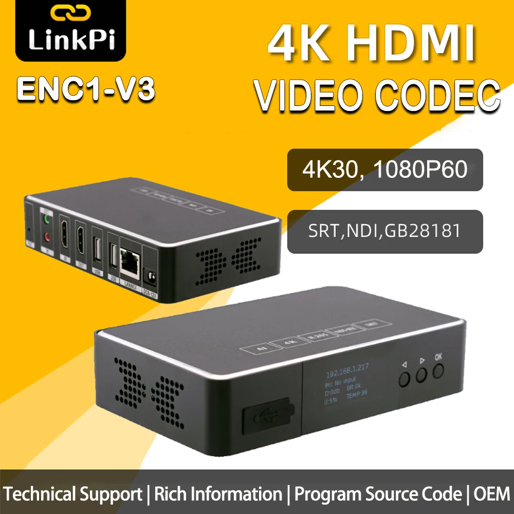 Láncszem Pi ENC1-V3 HDMI encoder NDI Dekódoló 4K 1080P SRT RTSP/RTMP/HTTP/HLS  H265 8GB emmc Egyenes adás Rádióadó Alatámaszt YouTube, facebook