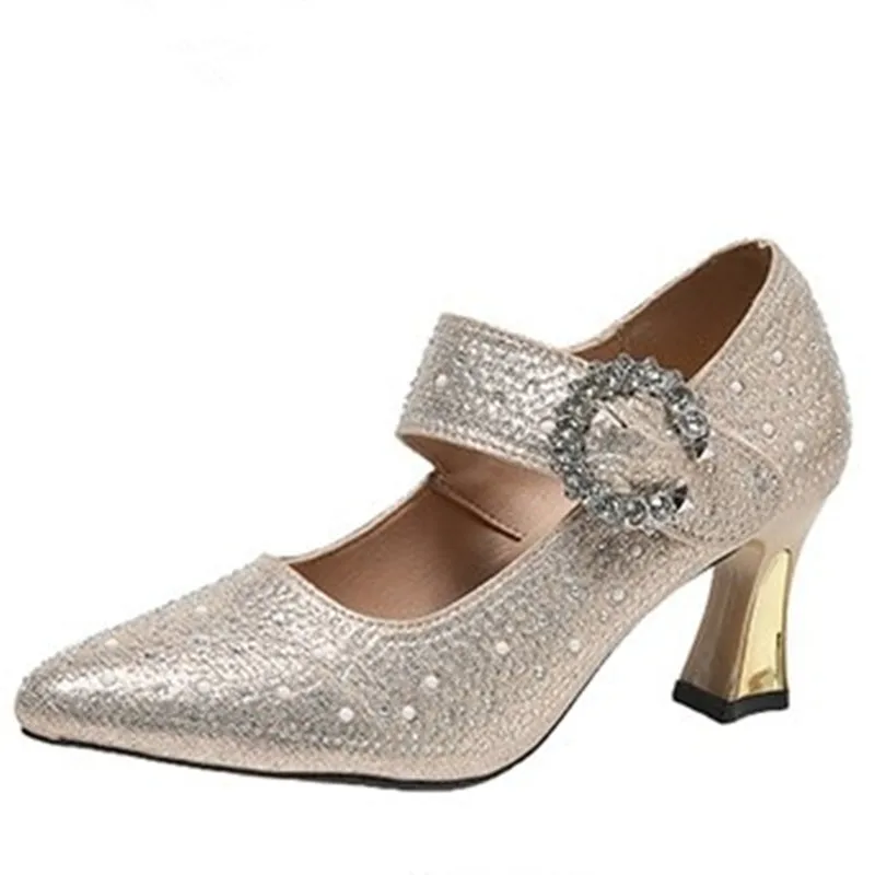 Pearl Crystal High Heel Women's Shoes 2024 New Fashion Hot Sales Buckle Dress Women Pumps Elegant Woman Heeled Mary Jane Lolita