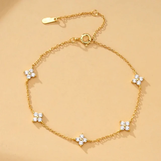 Bracelet trèfle à quatre feuilles en zircone cubique plaqué argent 925 pour femmes, chaîne réglable, bijoux plaqués or 18 carats, accessoire de mode 1