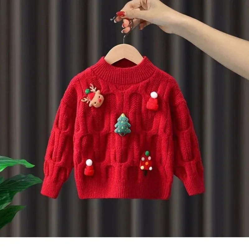 

Girls' Sweater Autumn/Winter 2024 New Latest Children's Winter Clothing Baby Red Christmas Knitted Top Bottom Shirt