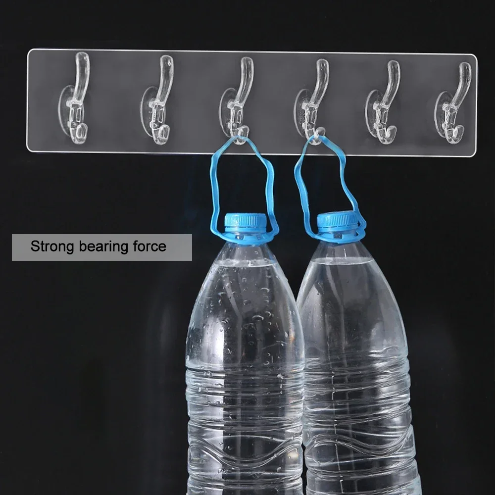 3/5/6 Row Transparent Hook Punch-Free Wall Strong Sticking Hook Holder for Hat Clothes Hanger Towel Holder Bathroom Storage Rack