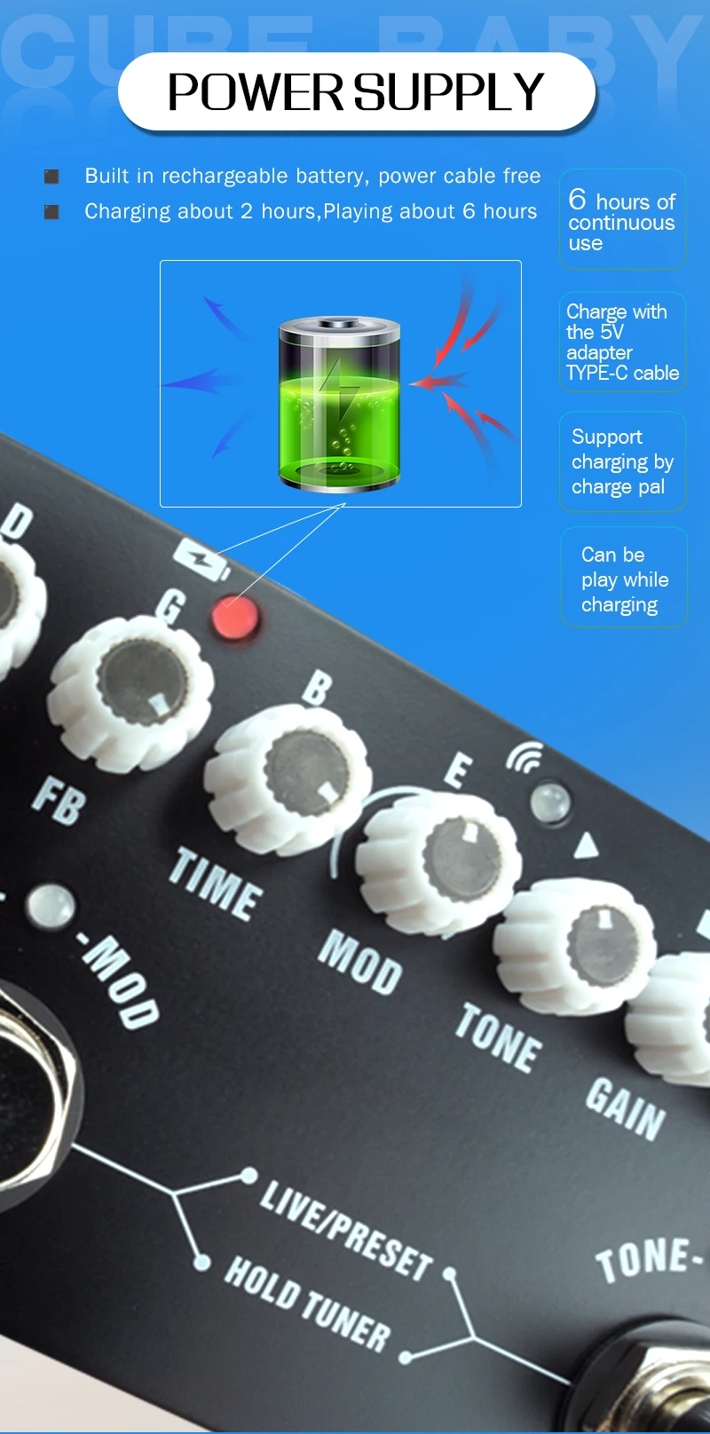 Description Picture 4 of itemM-VAVE CUBE BABY Portable Multifunctional Electric Guitar Effect Pedal Combined Guitar Pedal Recording Audio Interface Function