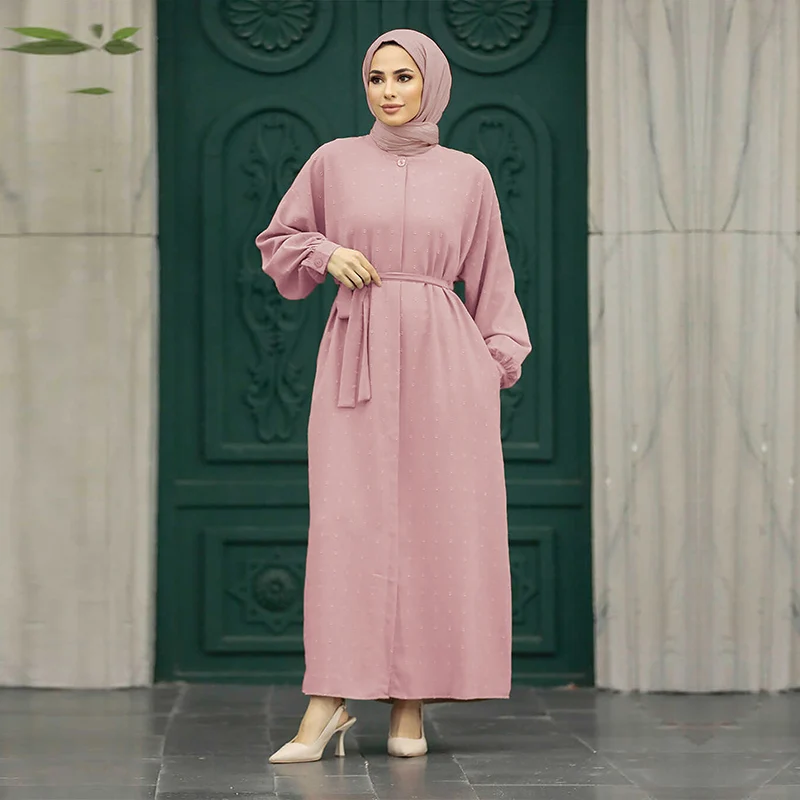 Simple Casual Muslim Dress Three Dimensional Jacquard Waist Tied Elegant Middle Eastern Robe Pink Long Sleeved Women's Clothing