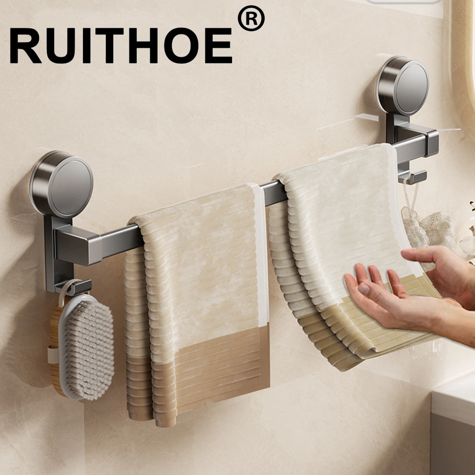 Suction Cup Bathroom Hand Towel Rack Towel Holder Wall Mount No Drill Mount 30/40/50cm Bar Aluminium with Hook towel rack,towel holder,bathroom facilities