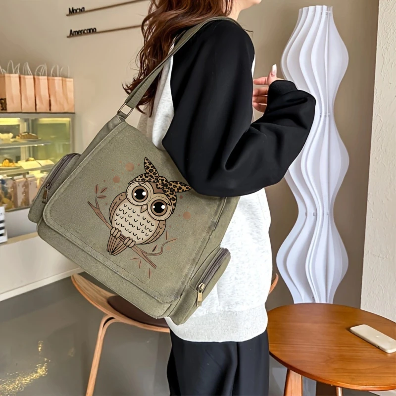 Casual Women's Shoulder Bag Crossbody Bag Cute Owl Print Canvas Messenger Bag Large Capacity Women's Bag