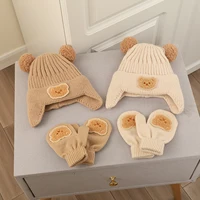Cute Bear Pompom Baby Hats Gloves Set Cartoon Winter Knit Beanie and Mittens for Girls Boy Crochet Weather Caps Baby Accessories 1